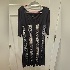 Connected Apparel Dress 12 Black Print Panel Sheath Stretch Midi Career Dress